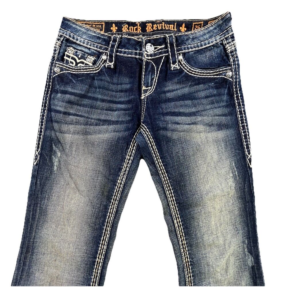 Rock Revival Jamila Boot Jeans Women's 26 Embellished Flap Pocket Distressed - Picture 2 of 16